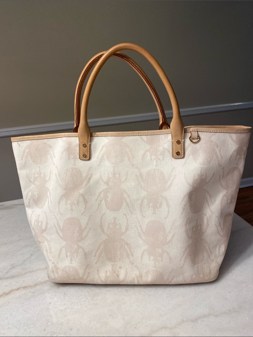 India Hicks Beige Canvas Beetle Tote Bag with Tan Handles